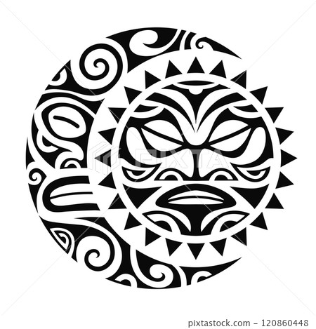 Sun and moon maori style tattoo sketch. Round tribal ornament. 120860448