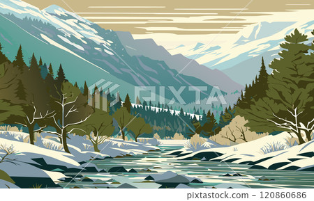 Winter landscape with snow-covered mountains, vector illustration. 120860686