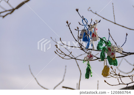 Scenery of the sacred mountain, Mount Osore: Sandals tied to a branch 120860764