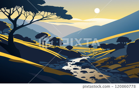 Calm landscape with a stream among the hills, vector illustration. 120860778
