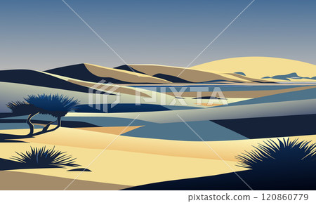 Landscape with small bushes in the desert, vector illustration. 120860779