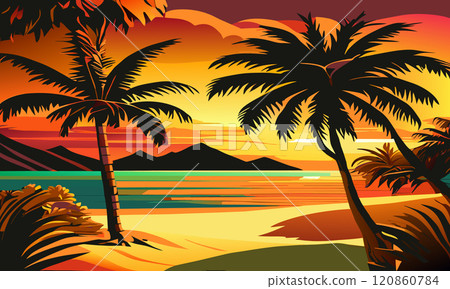 Sunset tropical landscape with palm trees, vector illustration. 120860784