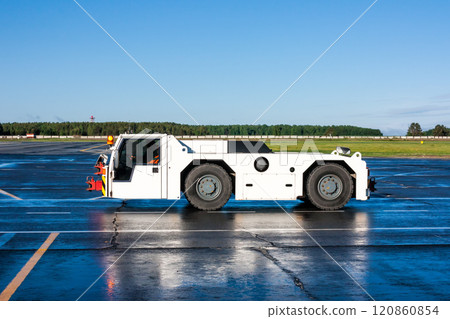 Aircraft tow truck at the airport apron Aircraft tow truck at the airport apron 120860854