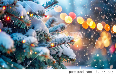 Christmas tree branches in festive lights under falling snow 120860887
