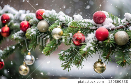 Festive garland of fir branches with Christmas balls in snowfall 120860888