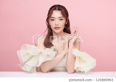 Beautiful young asian woman with clean fresh skin on pink background, Face care, Facial treatment, Cosmetology, beauty and spa, Asian women portrait. Beautiful young asian woman with clean fresh skin on pink background, Face care, Facial treatment, Cosmetology, beauty and spa, Asian women portrait. 120860963