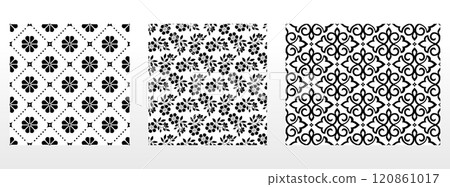 Geometric floral set of seamless patterns. White and black vector backgrounds. Damask graphic ornaments. Geometric floral set of seamless patterns. White and black vector backgrounds. Damask graphic ornaments. 120861017