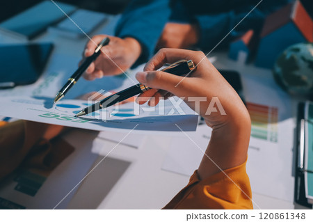 ESG environmental social governance display on laptop on eco-friendly company meeting with business people implementing environmental protection for clean and sustainable future ecology. Trailblazing 120861348