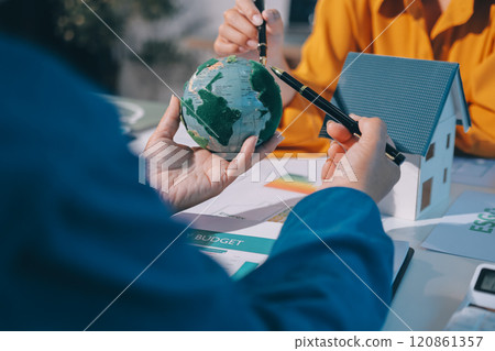 ESG environmental social governance display on laptop on eco-friendly company meeting with business people implementing environmental protection for clean and sustainable future ecology. Trailblazing 120861357