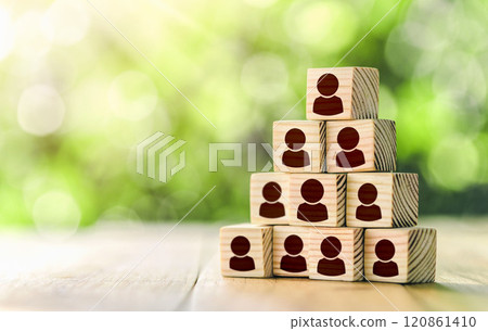 Building a strong team, Wooden blocks with people icon, Human resources and management concept. Leadership and corporate hierarchy concept, complete team that consists of icon many people. 120861410