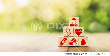 Lay out wooden blocks with icons of medical health. health insurance for your health concept. Healthcare medical business, medical technology equipment icon. Lay out wooden blocks with icons of medical health. health insurance for your health concept. Healthcare medical business, medical technology equipment icon. 120861412