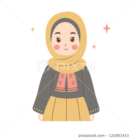 Cute Pretty Muslim Girl Cartoon Character Wearing Hijab and Fashion Outfit While Smiling 120861433