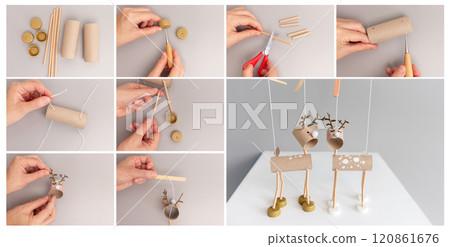 easy activity to do, reindeer toilet paper roll craft for kid and kindergarten, DIY, marionette from recycled materials 120861676