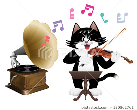 Gramophone and cat playing the violin Gramophone and cat playing the violin 120861761