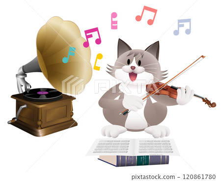 Gramophone and cat playing the violin 120861780