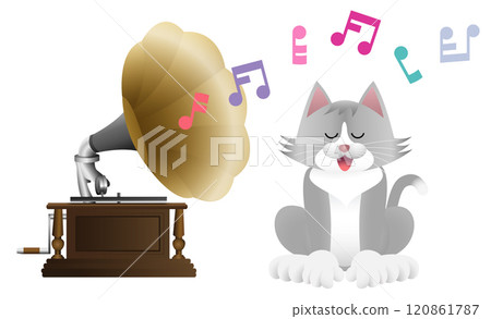 Cat listening to music on a gramophone Cat listening to music on a gramophone 120861787