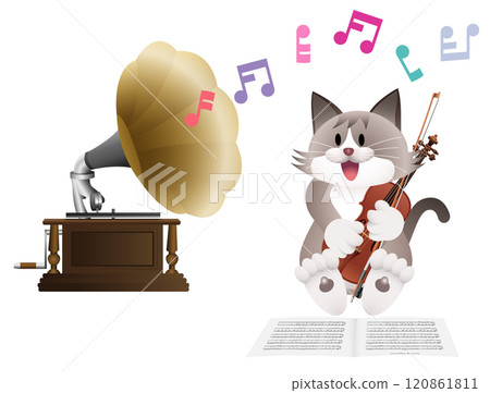 Cat listening to music on a gramophone Cat listening to music on a gramophone 120861811
