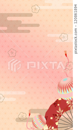 日式手鞠、扇子和梅花垂直背景紅色 日式手鞠、扇子和梅花垂直背景紅色 120861894