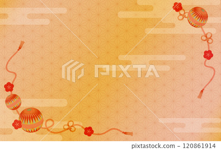 日式背景,手鞠和梅花裝飾,紅色 日式背景,手鞠和梅花裝飾,紅色 120861914