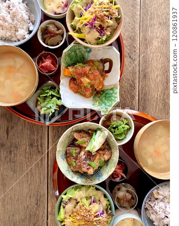 A delicious looking Japanese lunch on the table 120861937