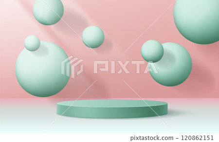 Minimal green podium with floating spheres Minimal green podium with floating spheres 120862151