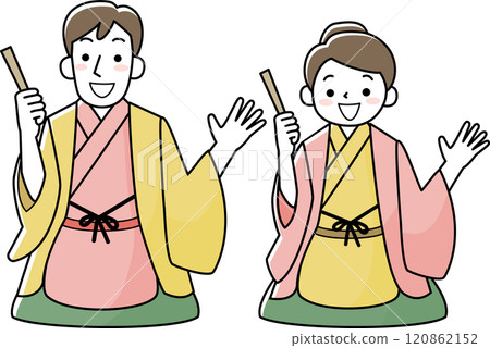 A man and woman wearing kimono performing Rakugo A man and woman wearing kimono performing Rakugo 120862152