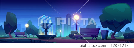 Night city downtown park with fountain Night city downtown park with fountain 120862181