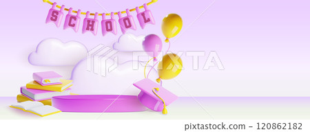 Pink podium with school elements 120862182