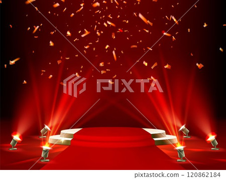 Stage with red carpet, confetti and spotlights Stage with red carpet, confetti and spotlights 120862184
