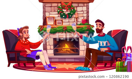 Couple celebrates holiday evening beside fireplace 120862190