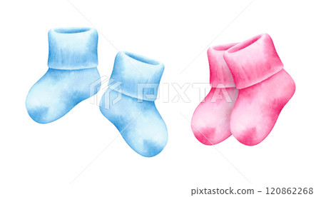 Pink and blue newborn socks. Watercolor hand drawn illustration isolated on white background. Baby girl or boy, she or he socks for baby shower, birthday, gender reveal party invitation, cards, print Pink and blue newborn socks. Watercolor hand drawn illustration isolated on white background. Baby girl or boy, she or he socks for baby shower, birthday, gender reveal party invitation, cards, print 120862268