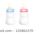 Pink and blue newborn bottle. Watercolor hand drawn illustration isolated on white background. Baby girl or boy, she, he bottle for baby shower, birthday, gender reveal party invitation, cards, print 120862270