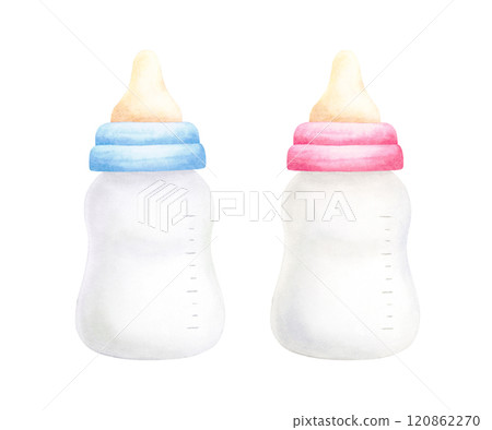 Pink and blue newborn bottle. Watercolor hand drawn illustration isolated on white background. Baby girl or boy, she, he bottle for baby shower, birthday, gender reveal party invitation, cards, print 120862270