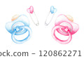 Pink, blue newborn pacifier and safety pin. Watercolor hand drawn illustration isolated on white background. Baby girl or boy, she, he things for baby shower, birthday party invitation, cards, print 120862271