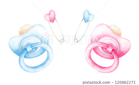 Pink, blue newborn pacifier and safety pin. Watercolor hand drawn illustration isolated on white background. Baby girl or boy, she, he things for baby shower, birthday party invitation, cards, print 120862271