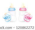 Pink and blue newborn bottle ant pacifier. Watercolor hand drawn illustration isolated on white background. Baby girl or boy, she or he items for baby shower, birthday party invitation, cards, print. 120862272