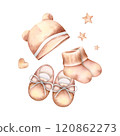 Newborn beanie, shoes and socks set with heart and stars. Watercolor hand drawn illustration isolated on white background. Golden brown baby girl or boy set for baby shower, birthday invitation cards 120862273