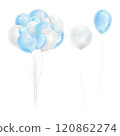 Colorful blue and silver balloons with rope composition. Watercolor hand drawing, illustration isolated on white background. Balloons set for invitation, greeting card, postcard, party poster design 120862274