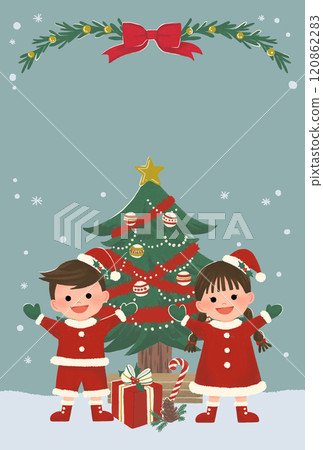 穿著聖誕老人衣服的孩子們享受聖誕節_手繪插畫背景 120862283