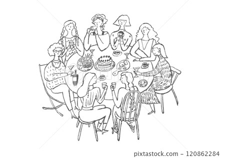 婦女圍著桌子吃飯的手繪插圖 120862284