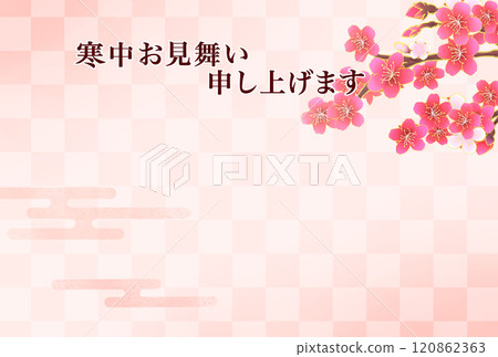 Midwinter greetings, plum blossom, checkered pattern, postcard template Midwinter greetings, plum blossom, checkered pattern, postcard template 120862363