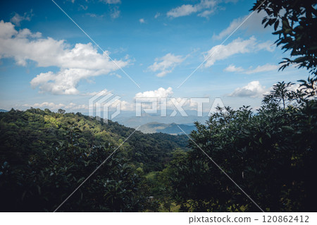 Landscape of forest and green mountains and clear sky in tropical winter. 120862412