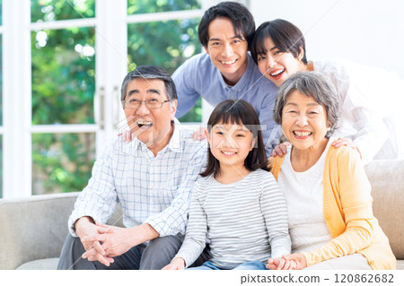 Three-generation family relaxing in the living room Three-generation family relaxing in the living room 120862682