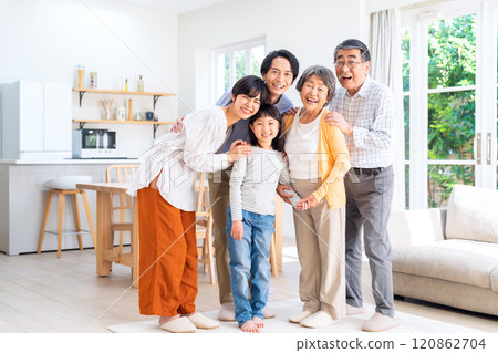 Three-generation family relaxing in the living room 120862704