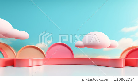Colorful Abstract Sky 3D Scene with Pink and Yellow Archways and Clouds for Modern Design 120862754