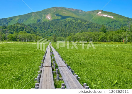 Summer in Oze, Gunma Prefecture. View of Mt. Shibutsu from Kamitashiro near Yamanohana. 120862911