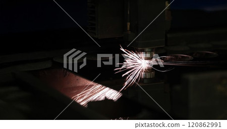 Bright sparks from metal turning, stream 120862991