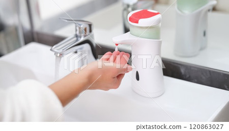 A drop of soap from a dispenser drips onto a woman's hand, 120863027