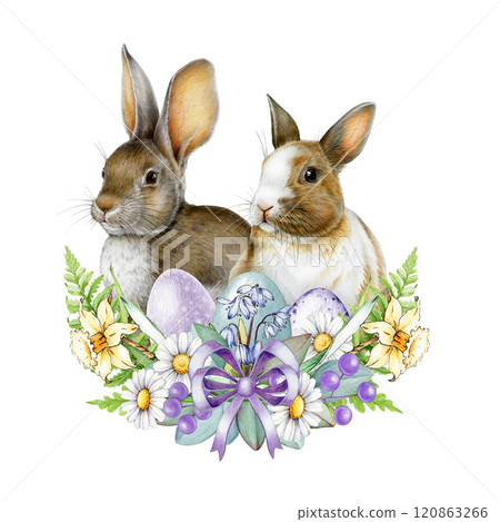 Easter mood festive wreath decor with cute bunnies surrounded by primrose flowers, pastel painted eggs illustration on white background. Perfect for holiday festive decor, cards and seasonal designs 120863266