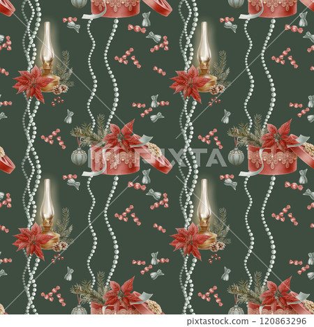 Vintage christmas seamless pattern round hat box with lid covered in red velvet with lace ribbon with a spruce branch and Christmas tree balls,poinsettias,sweets,old glow lamp,berries,pearl beads 120863296